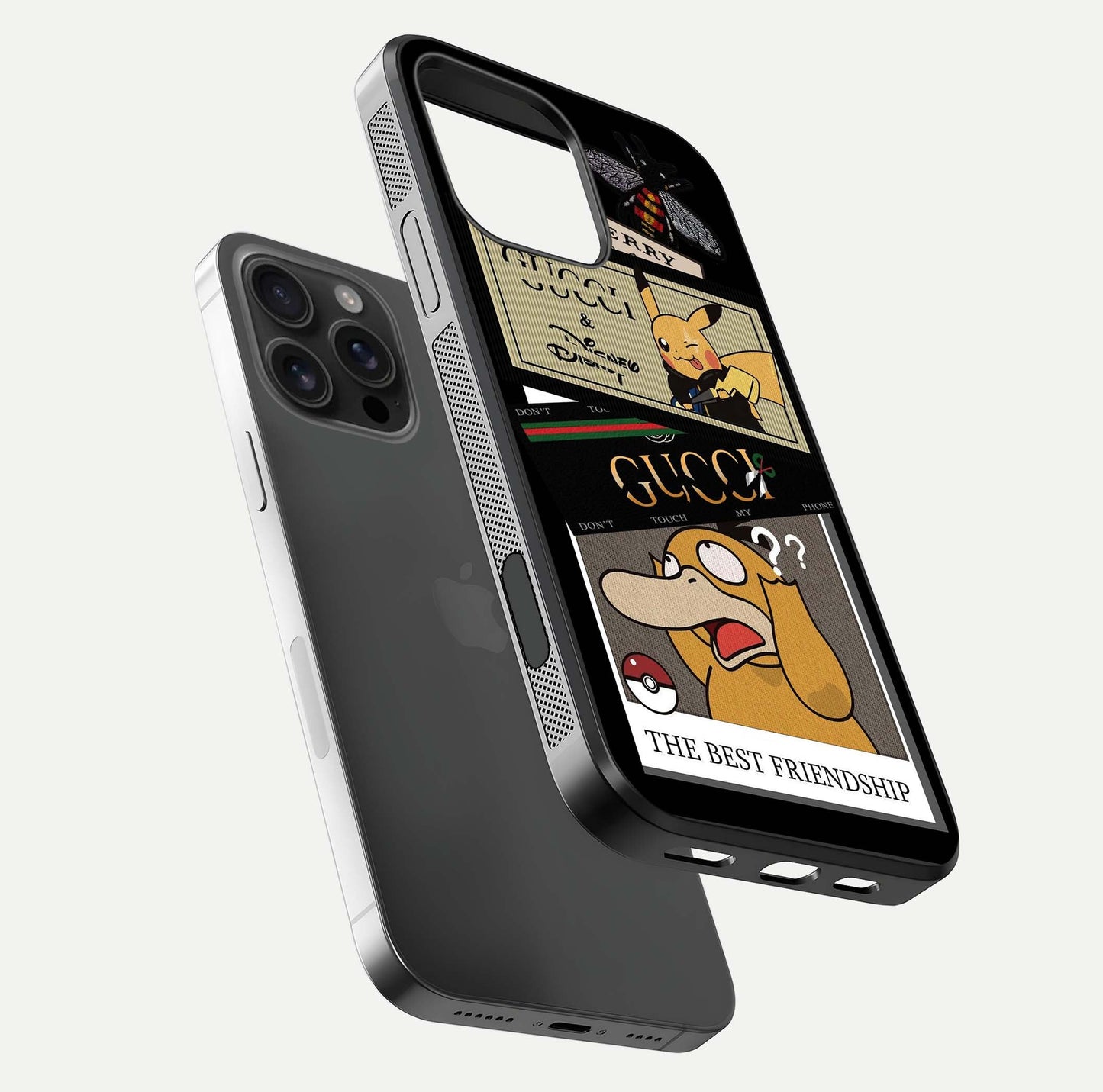 Cartoon Brand Play Mashup Glass Case for iPhone 16 Pro Max floating dual-view mockup showing gloss surface and vivid reflection