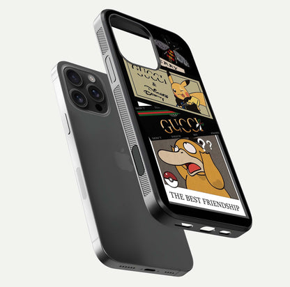 Cartoon Brand Play Mashup Glass Case for iPhone 16 Pro Max floating dual-view mockup showing gloss surface and vivid reflection