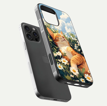 Cat & Flowers View Glass Case for iPhone 16 Pro Max floating mockup showing design reflection and protective edges