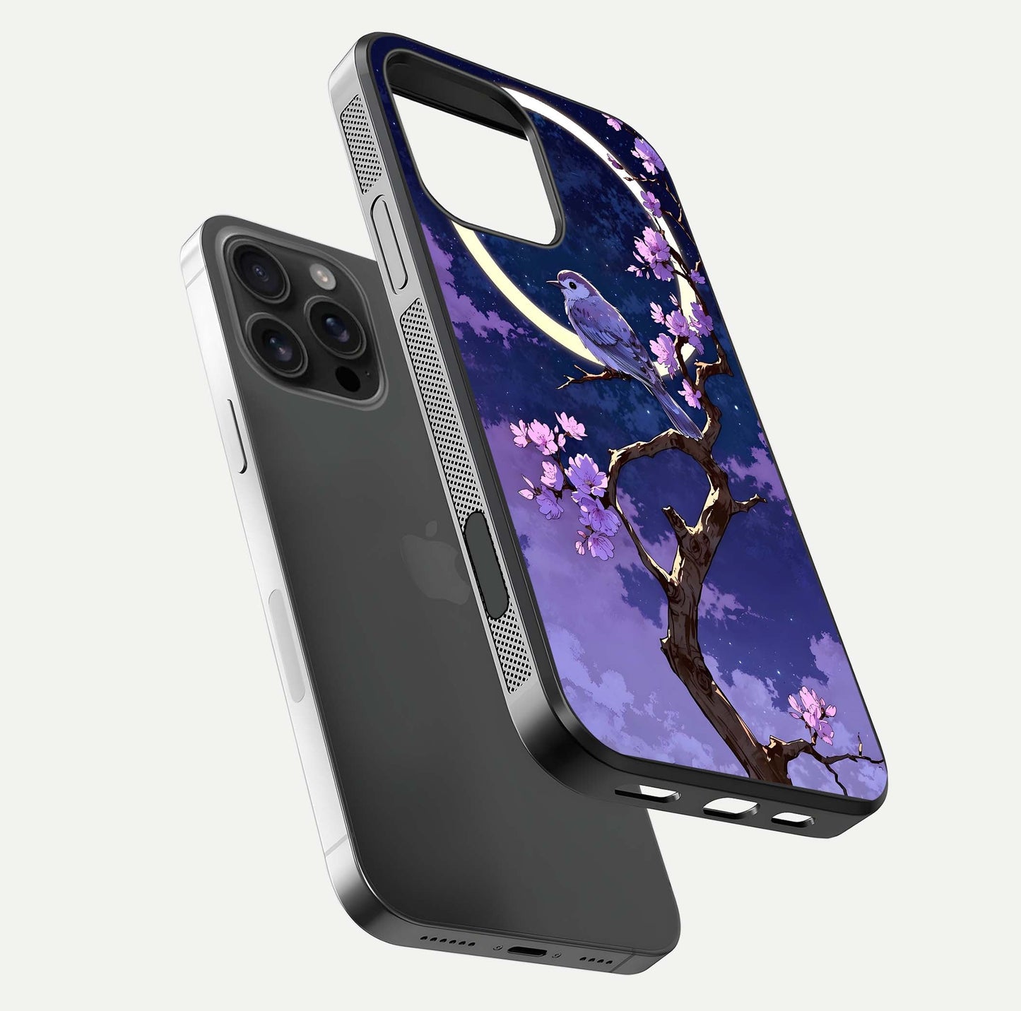 Celestial Bird Blossom Glass Case for iPhone 16 Pro Max floating mockup showing cosmic floral tones and HD gloss