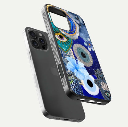 Celestial Blue Vision Glass Case for iPhone 16 Pro Max floating mockup showing gloss depth and night-sky pattern
