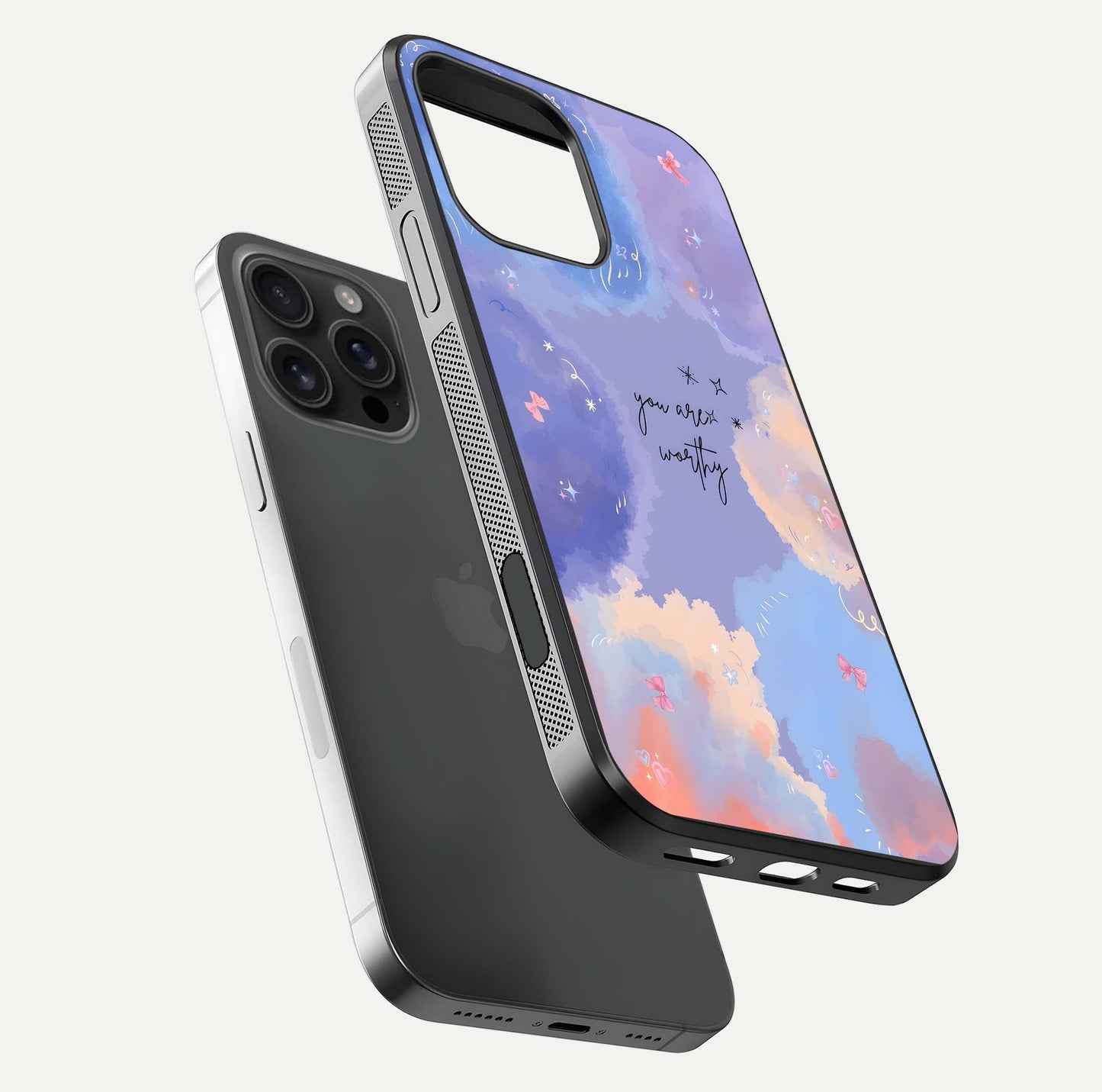 Celestial Cloud Magic Glass Case for iPhone 16 Pro Max floating mockup displaying cloud aura and HD finish