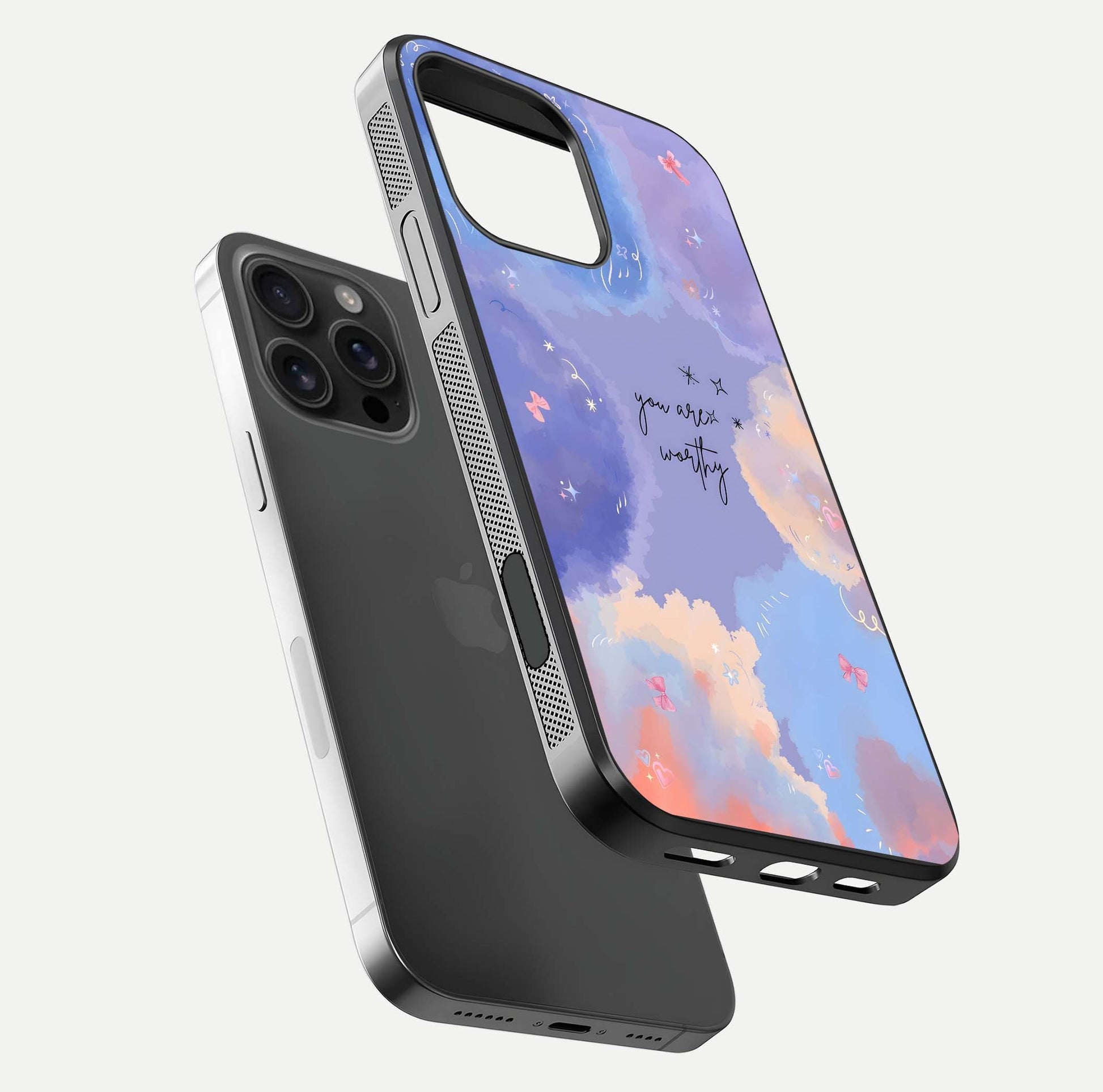 Celestial Cloud Magic Glass Case for iPhone 16 Pro Max floating mockup displaying cloud aura and HD finish
