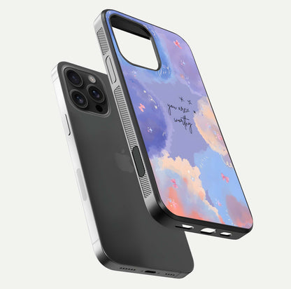 Celestial Cloud Magic Glass Case for iPhone 16 Pro Max floating mockup displaying cloud aura and HD finish