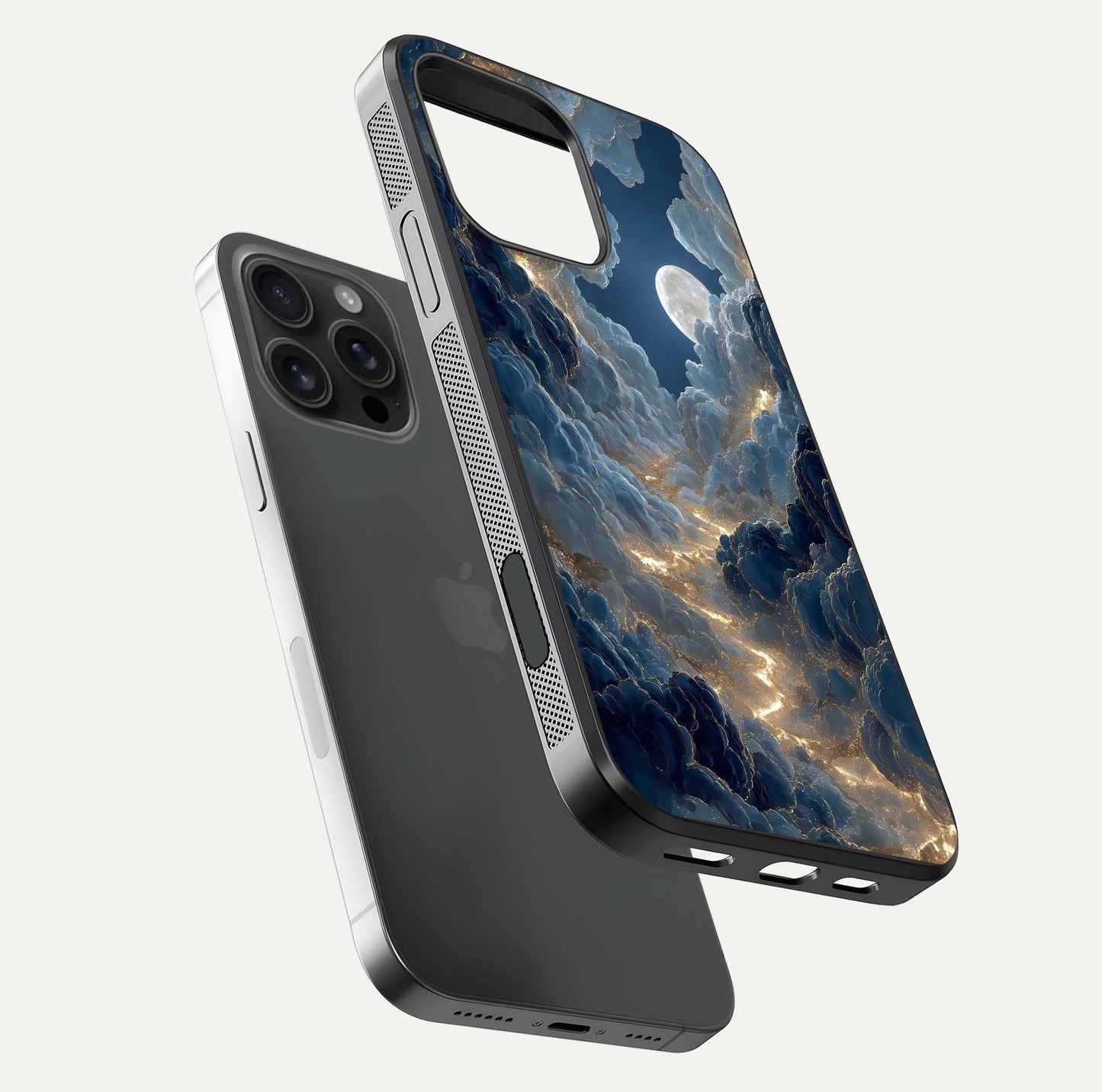 Celestial Cloud Road Glass Case for iPhone 16 Pro Max floating mockup capturing glowing horizon and HD gloss