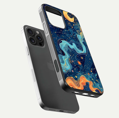 Celestial Dream Flow Glass Case for iPhone 16 Pro Max floating mockup displaying gloss shimmer and artistic composition