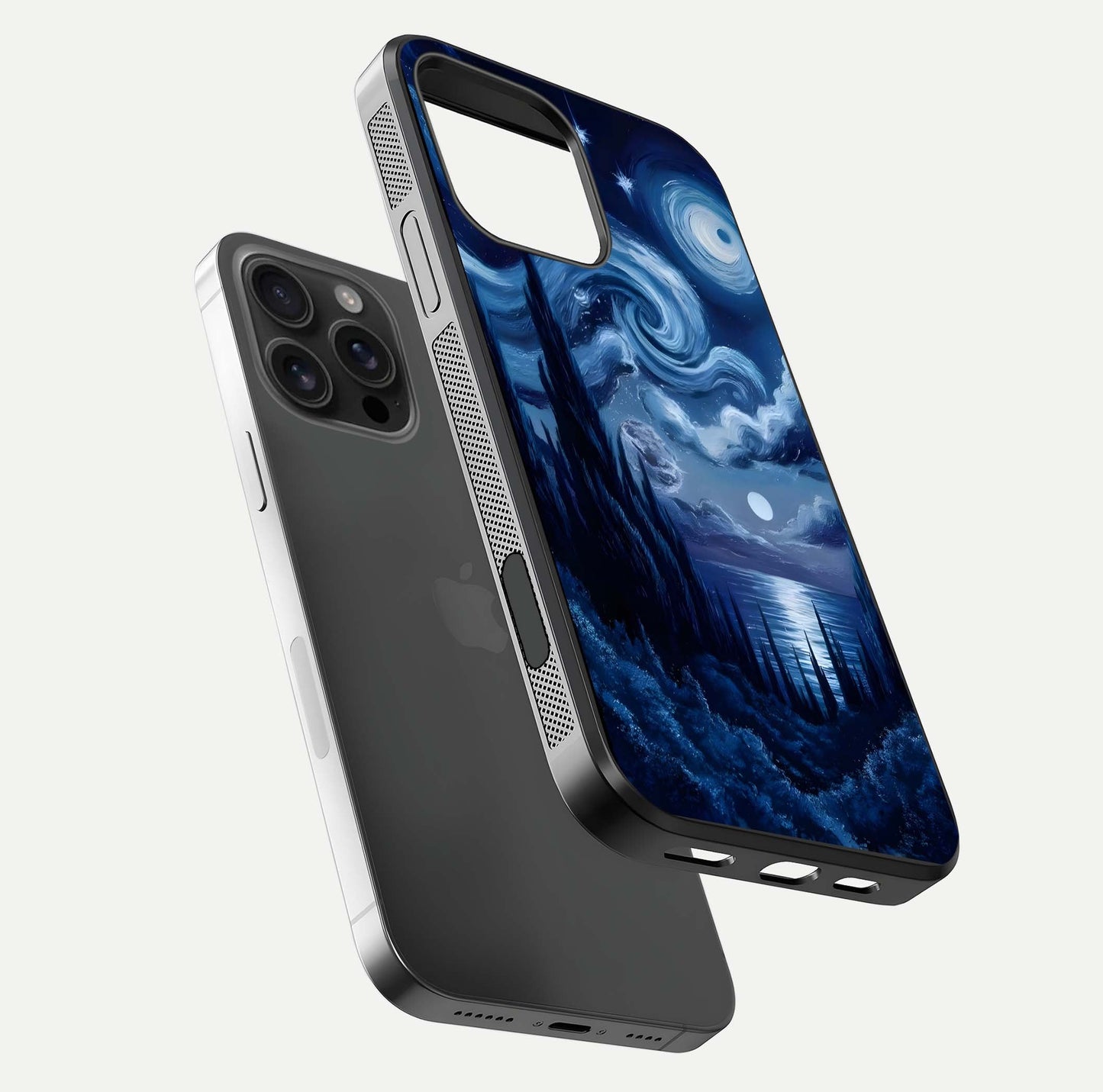 Celestial Dream Van Gogh Glass Case for iPhone 16 Pro Max floating mockup highlighting cosmic tones and smooth gloss