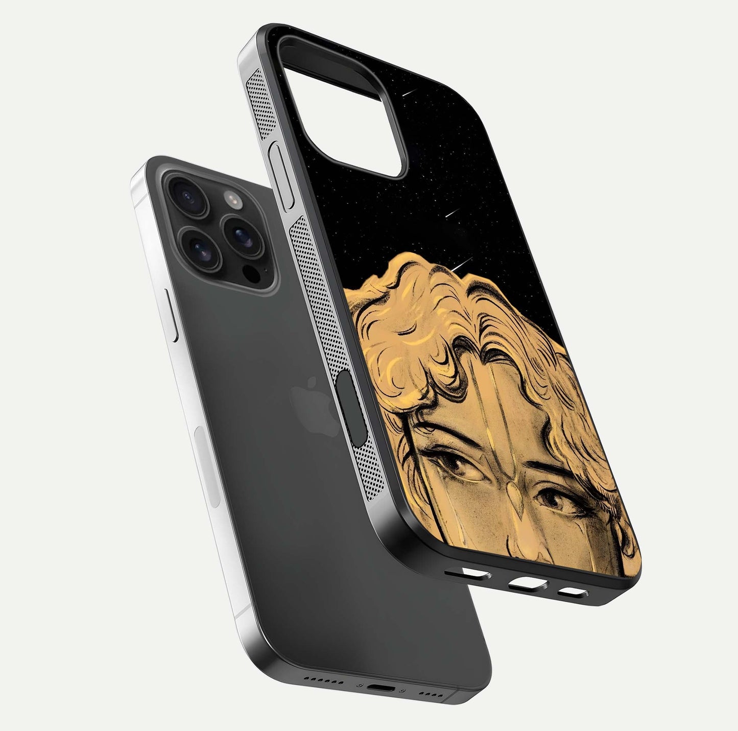 Celestial God’s Plan Glass Case for iPhone 16 Pro Max floating dual-view mockup displaying gloss surface and vivid print