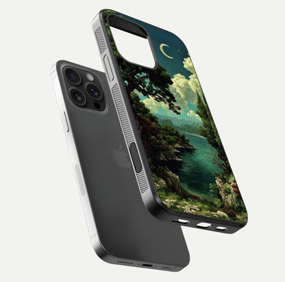 Celestial Lake Peace Glass Case for iPhone 16 Pro Max floating mockup capturing calm tones and smooth polish
