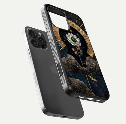 Celestial Lotus Morang Glass Case for iPhone 16 Pro Max floating mockup showing gloss depth and cosmic lotus glow