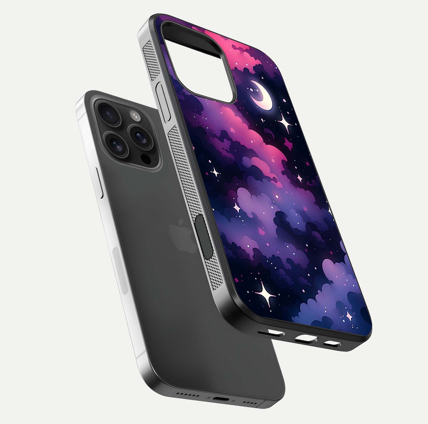 Celestial Moon Magic Glass Case for iPhone 16 Pro Max floating mockup showing reflection gradient and smooth polish