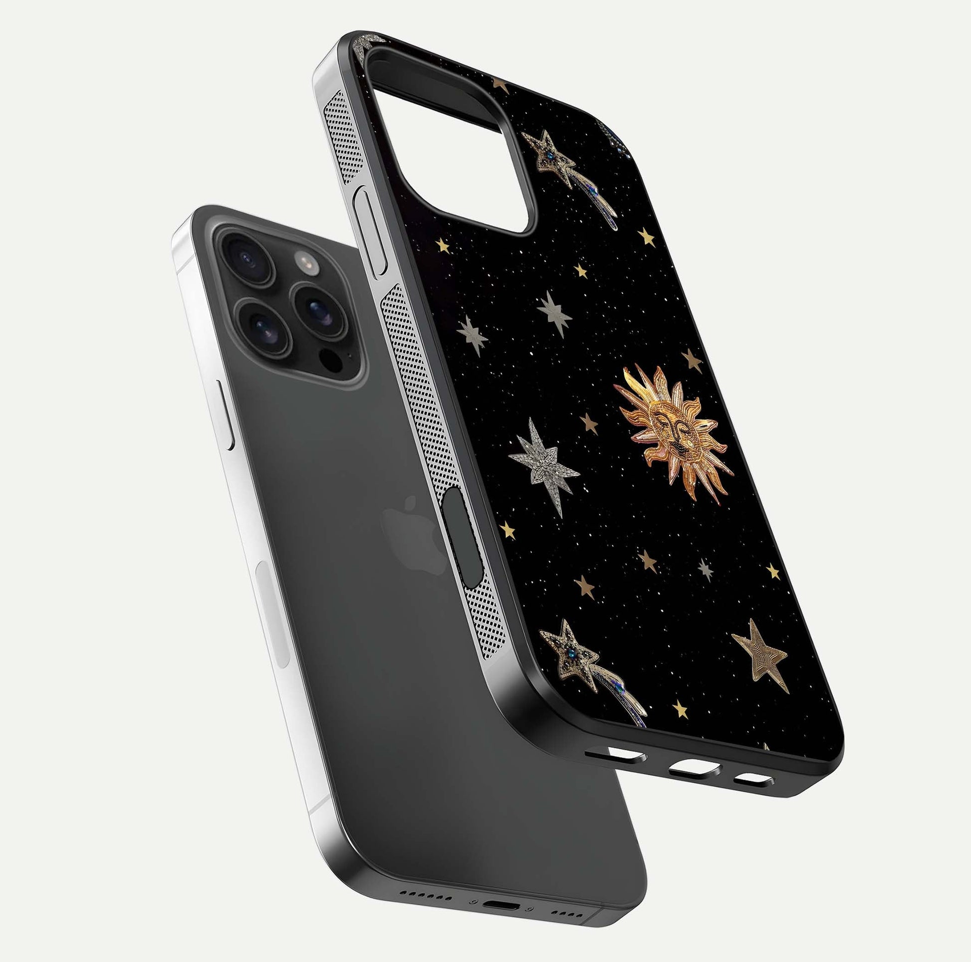 Celestial Moon With Stars Glass Case for iPhone 16 Pro Max floating mockup emphasizing star depth and gloss clarity