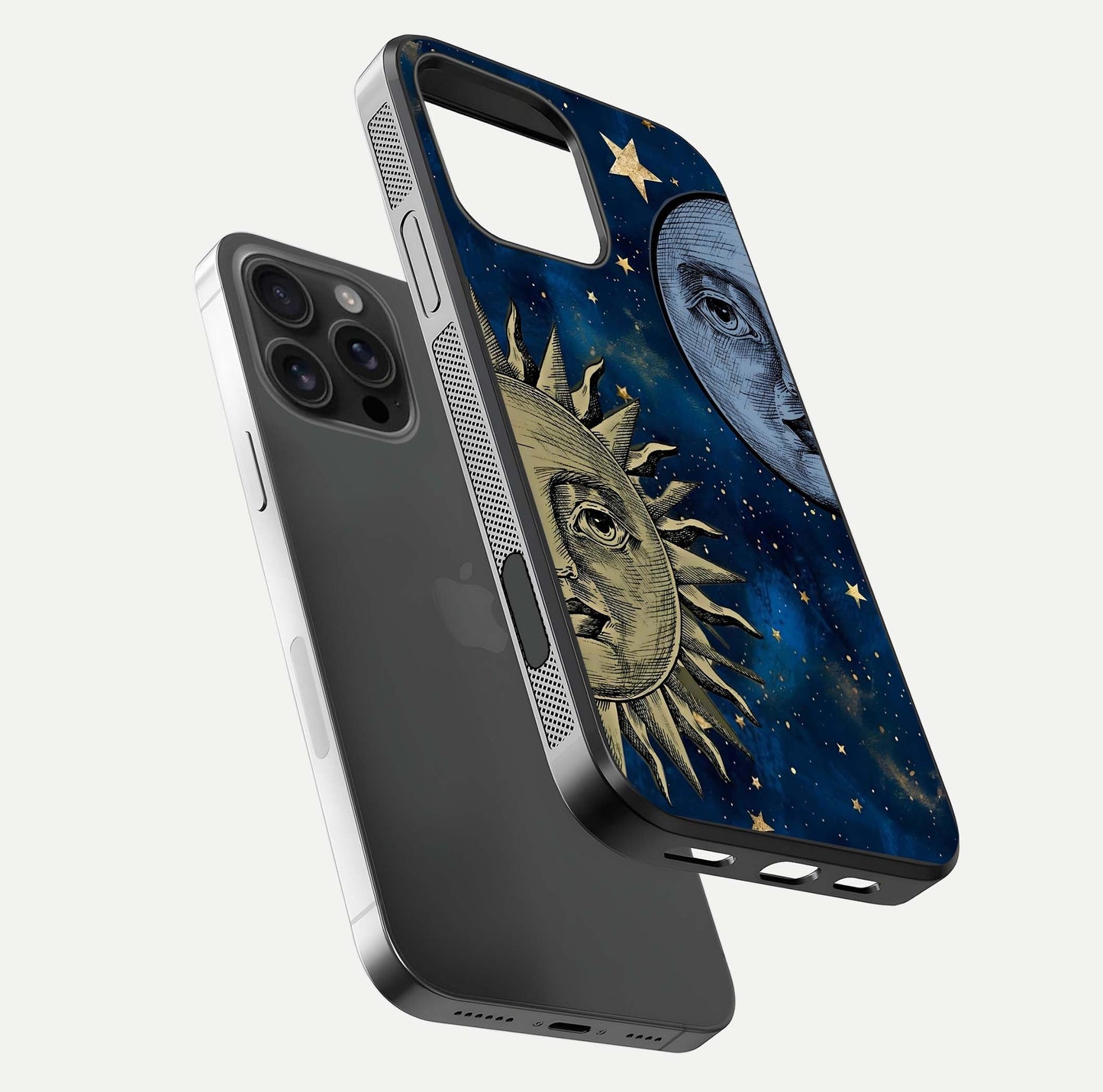 Celestial Moon With Sun Glass Case for iPhone 16 Pro Max floating mockup displaying vibrant contrast and HD gloss