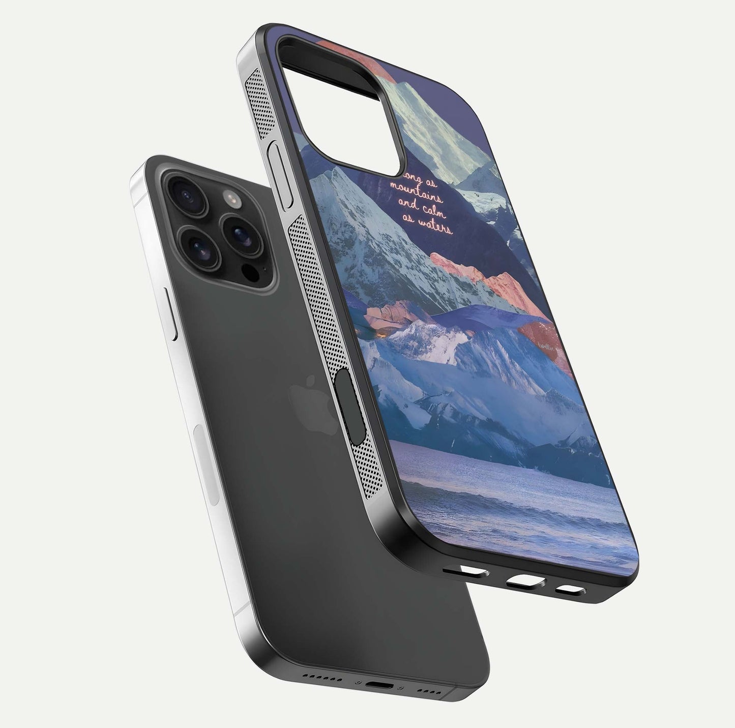 Celestial Mountain Calm Glass Case for iPhone 16 Pro Max floating mockup showing glow depth and polished edges