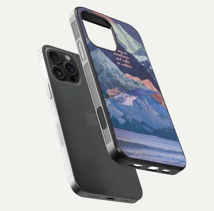 Celestial Mountain Calm Glass Case for iPhone 16 Pro Max floating mockup showing glow depth and polished edges