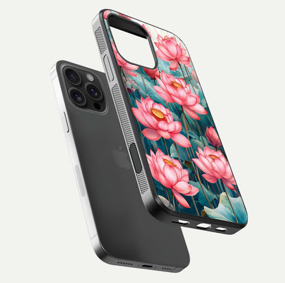 Celestial Pink Lotus Glass Case for iPhone 16 Pro Max floating mockup displaying cosmic tone and gloss surface