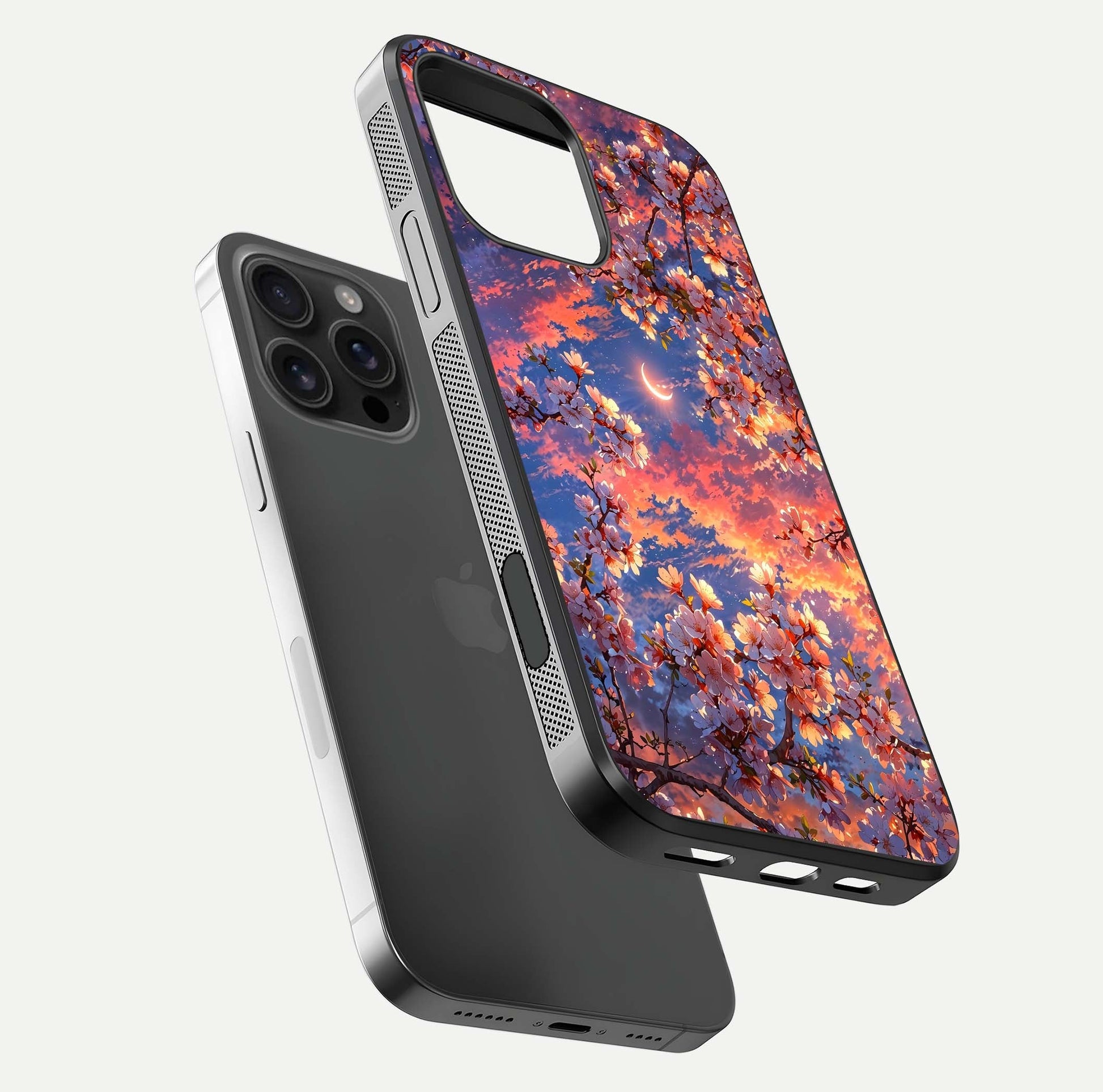 Celestial Sakura Sunset Glass Case for iPhone 16 Pro Max floating mockup capturing sunset hue and smooth gloss