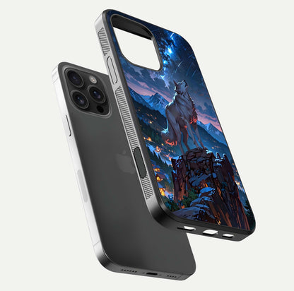 Celestial Wolf Howl Glass Case for iPhone 16 Pro Max floating mockup capturing reflection depth and silver gloss