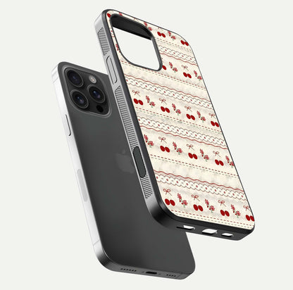 Cherry Bloom Charm Glass Case for iPhone 16 Pro Max floating mockup showing bloom texture and polished gloss