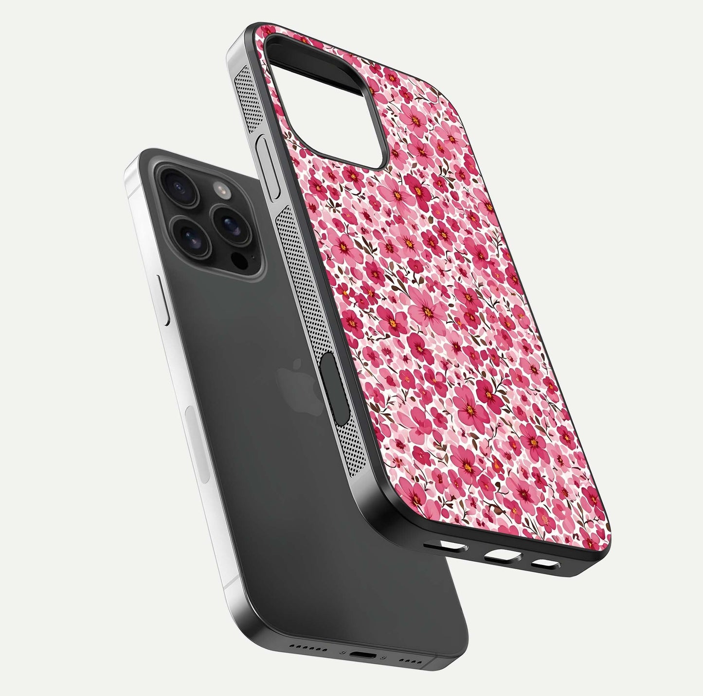 Cherry Blossom Charm Glass Case for iPhone 16 Pro Max floating mockup displaying pink tone flow and polished edges