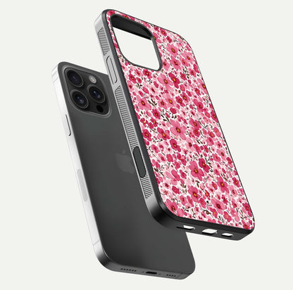 Cherry Blossom Charm Glass Case for iPhone 16 Pro Max floating mockup displaying pink tone flow and polished edges