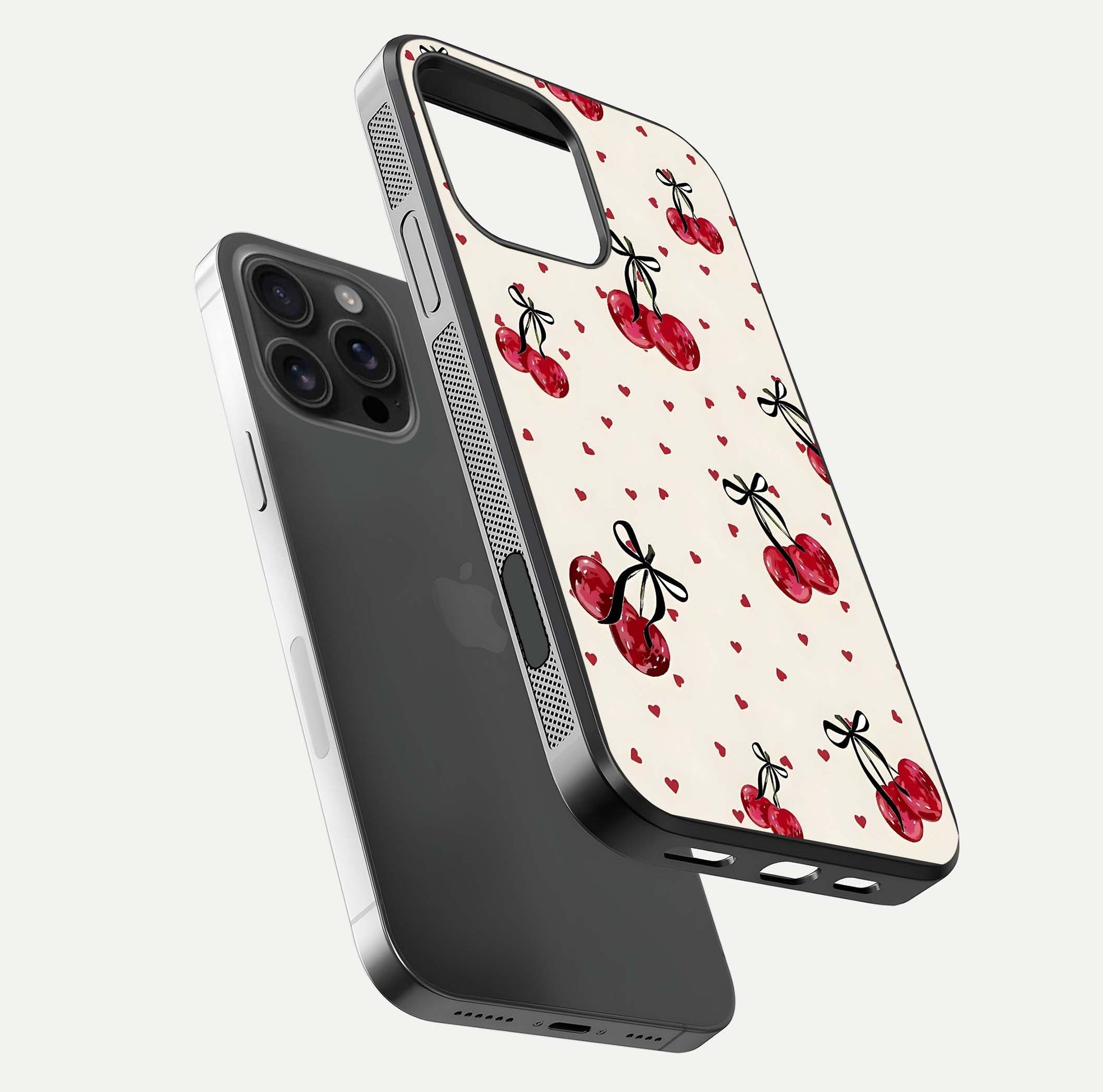 Cherry Heart Bow Glass Case for iPhone 16 Pro Max floating mockup showing reflection and HD print detail