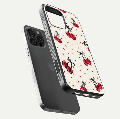 Cherry Heart Bow Glass Case for iPhone 16 Pro Max floating mockup showing reflection and HD print detail