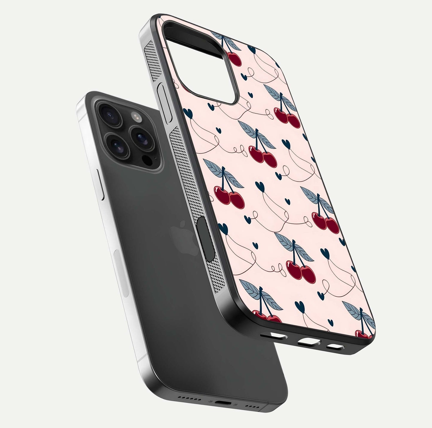 Cherry Heart Line Glass Case for iPhone 16 Pro Max floating mockup showing gloss polish and bright tones