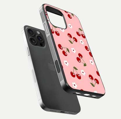 Cherry Love Mood Glass Case for iPhone 16 Pro Max floating mockup showing HD gloss reflection and red tones