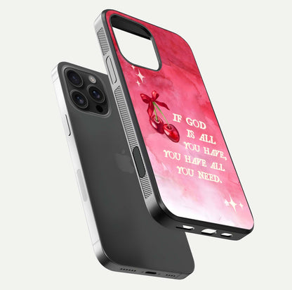 Cherry Quote Glass Case for iPhone 16 Pro Max floating mockup capturing shine texture and clear typography