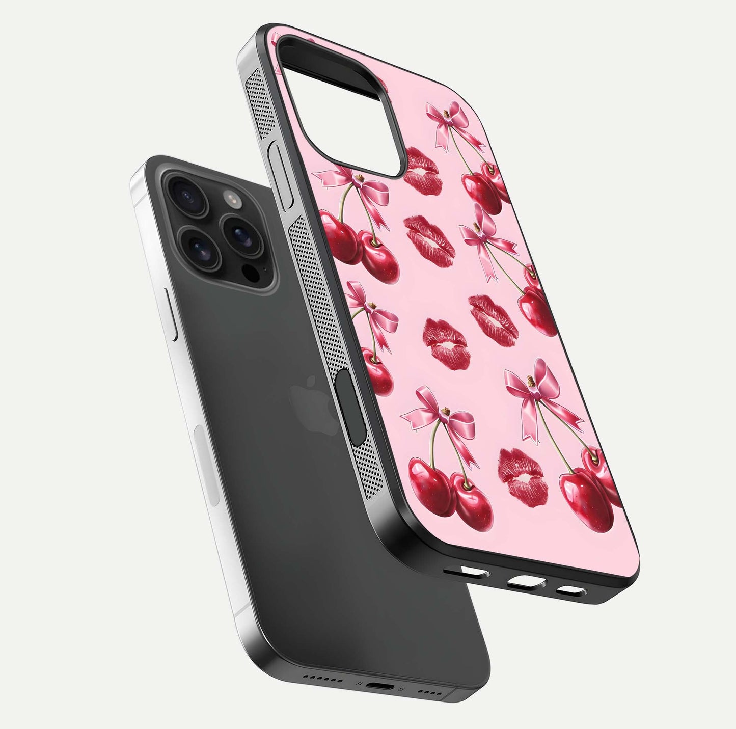 Cherry With Lips Glass Case for iPhone 16 Pro Max floating mockup showing HD gloss and pop-art inspired tones