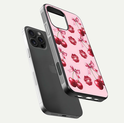 Cherry With Lips Glass Case for iPhone 16 Pro Max floating mockup showing HD gloss and pop-art inspired tones