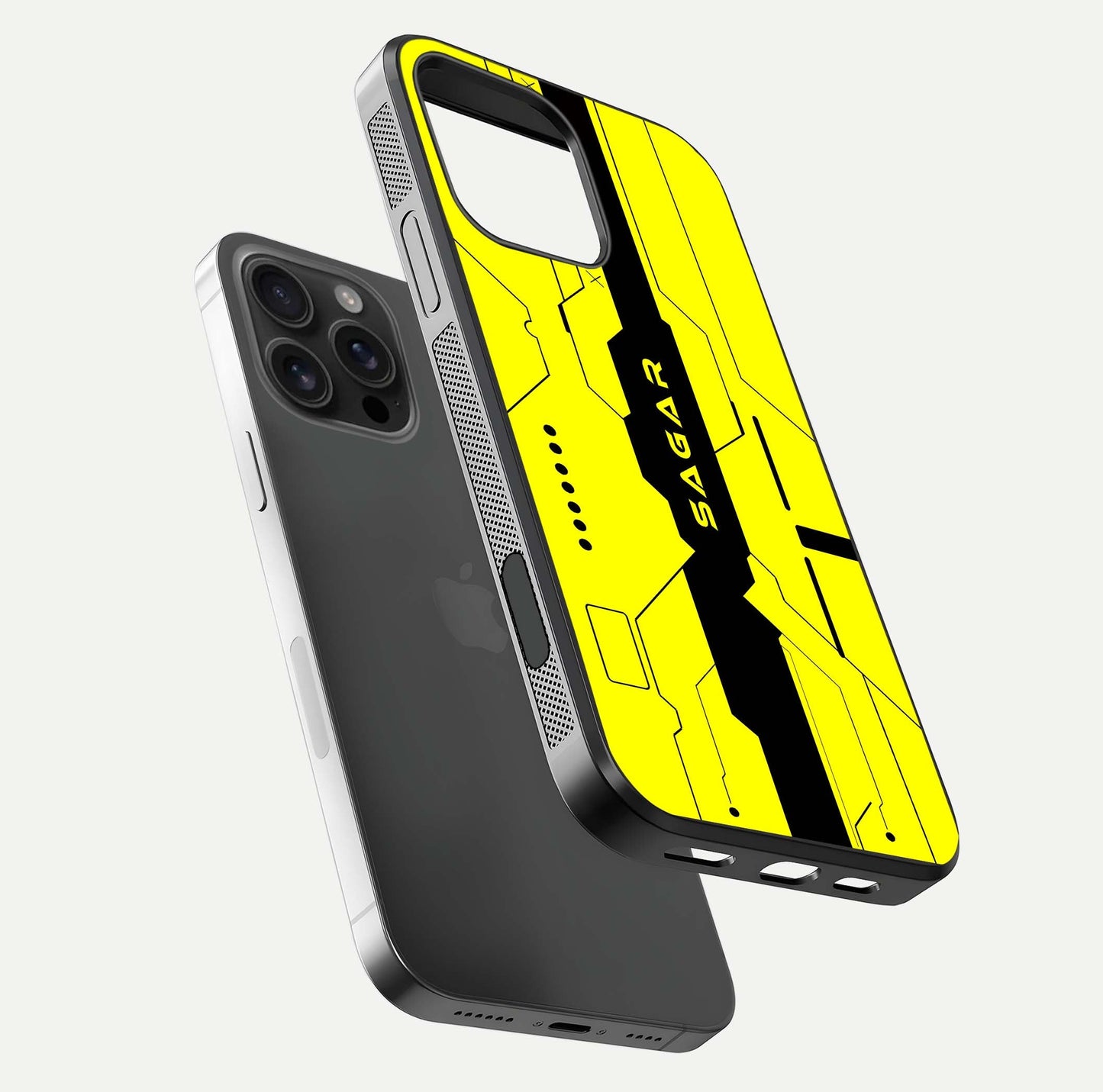 Circuit CYBERPUNK Custom Name Glass Case for iPhone 16 Pro Max floating mockup capturing glow effects and polished shine