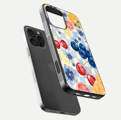 Citrus Bloom Joy Glass Case for iPhone 16 Pro Max floating mockup showing HD gloss and lively tone