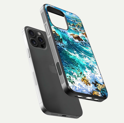 Coastal Blue Waves Glass Case for iPhone 16 Pro Max floating mockup showing HD reflection and wave details