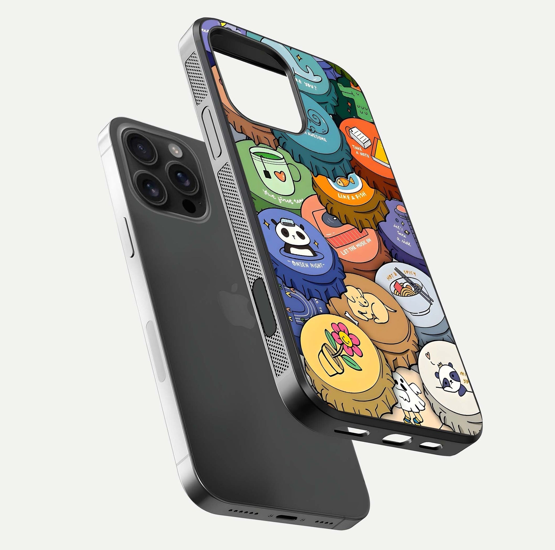 Coins Patterns Glass Case for iPhone 16 Pro Max floating mockup showing reflection depth and smooth tone