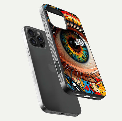Colorful Eye Glass Case for iPhone 16 Pro Max floating mockup showing bright contrast and gloss clarity