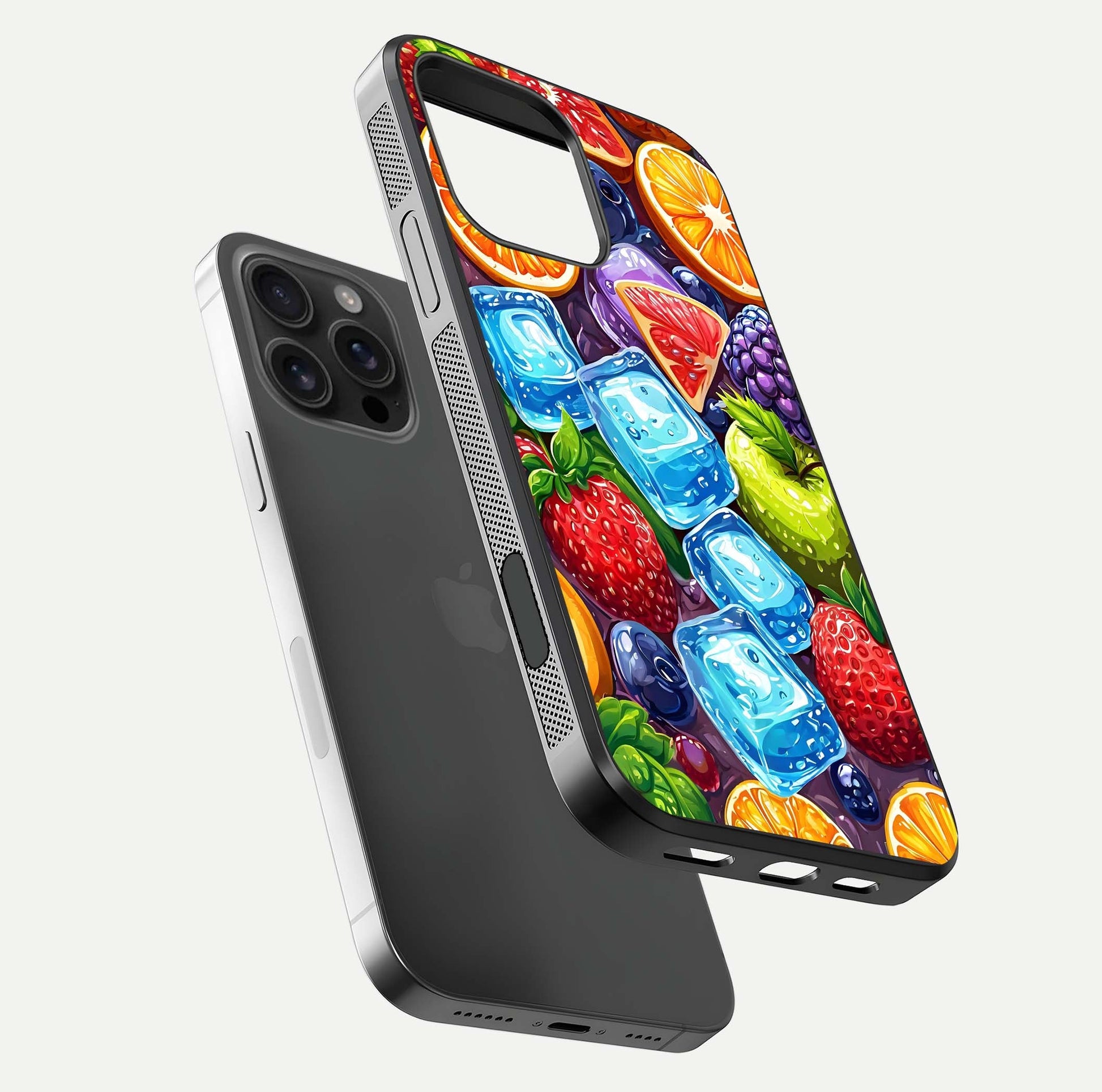 Colorful Fruits with Ice Glass Case for iPhone 16 Pro Max floating mockup showing bright shine and crystal clarity