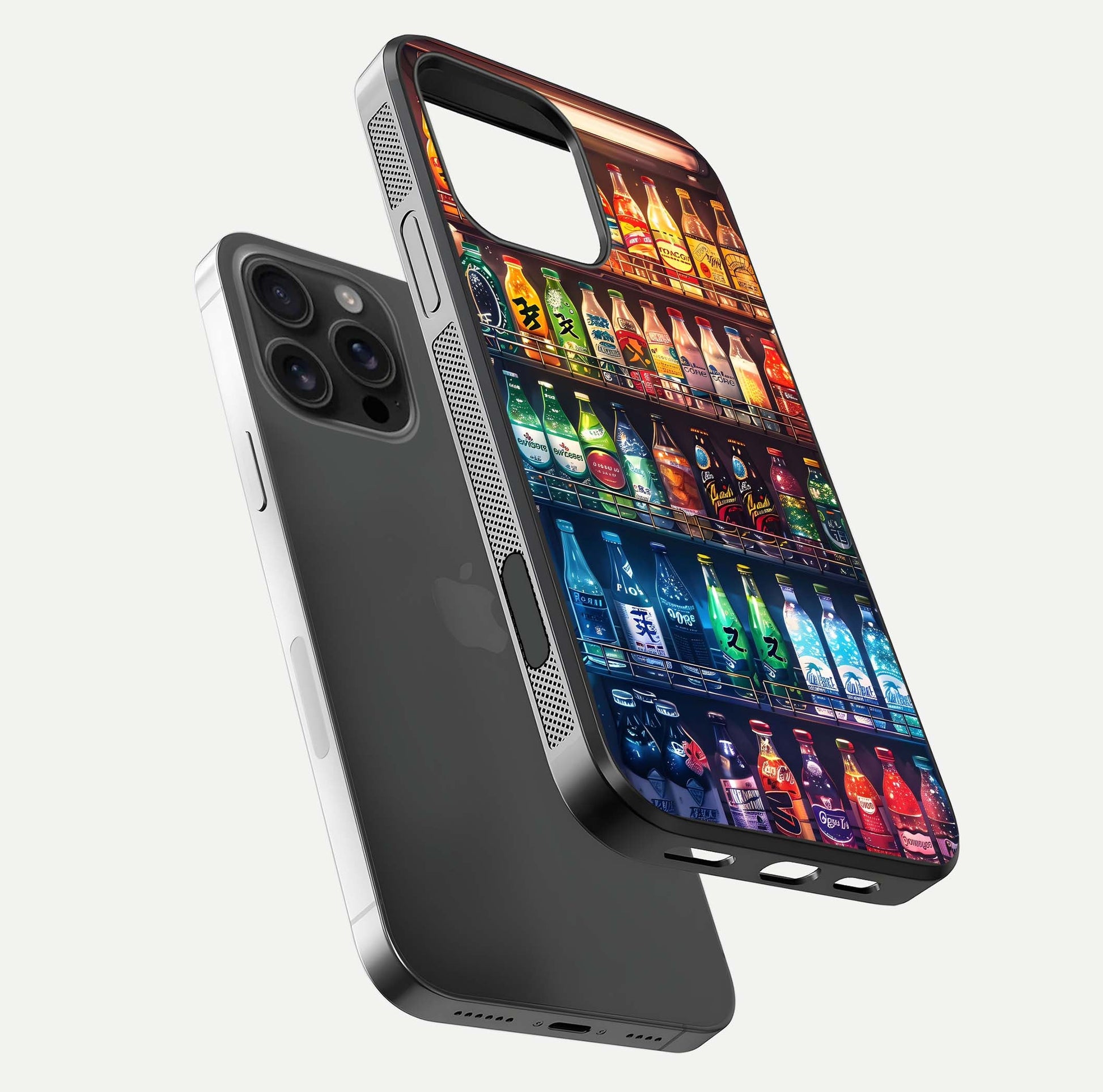 Colorful Soda Bottles Glass Case for iPhone 16 Pro Max floating mockup showing light reflection and bright gloss