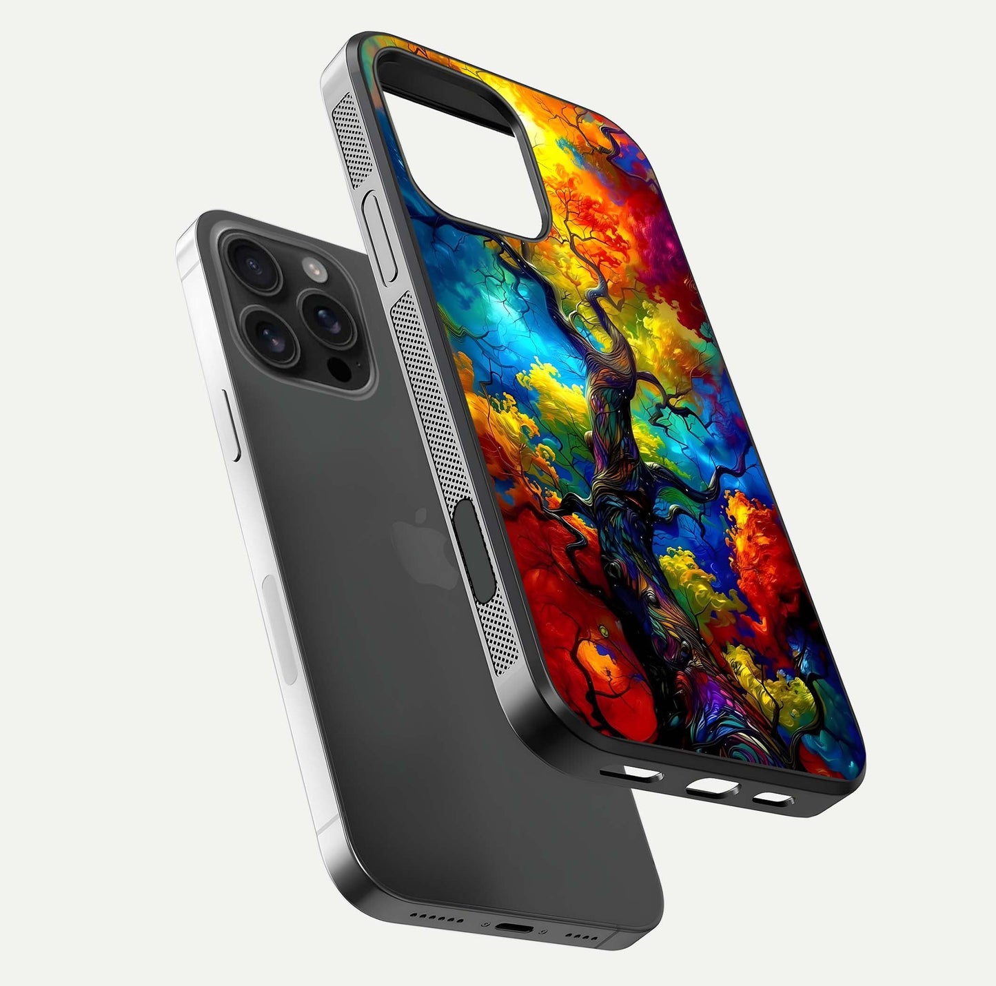 Colorful Tree Glass Case for iPhone 16 Pro Max floating mockup showing reflection gloss and vivid hues