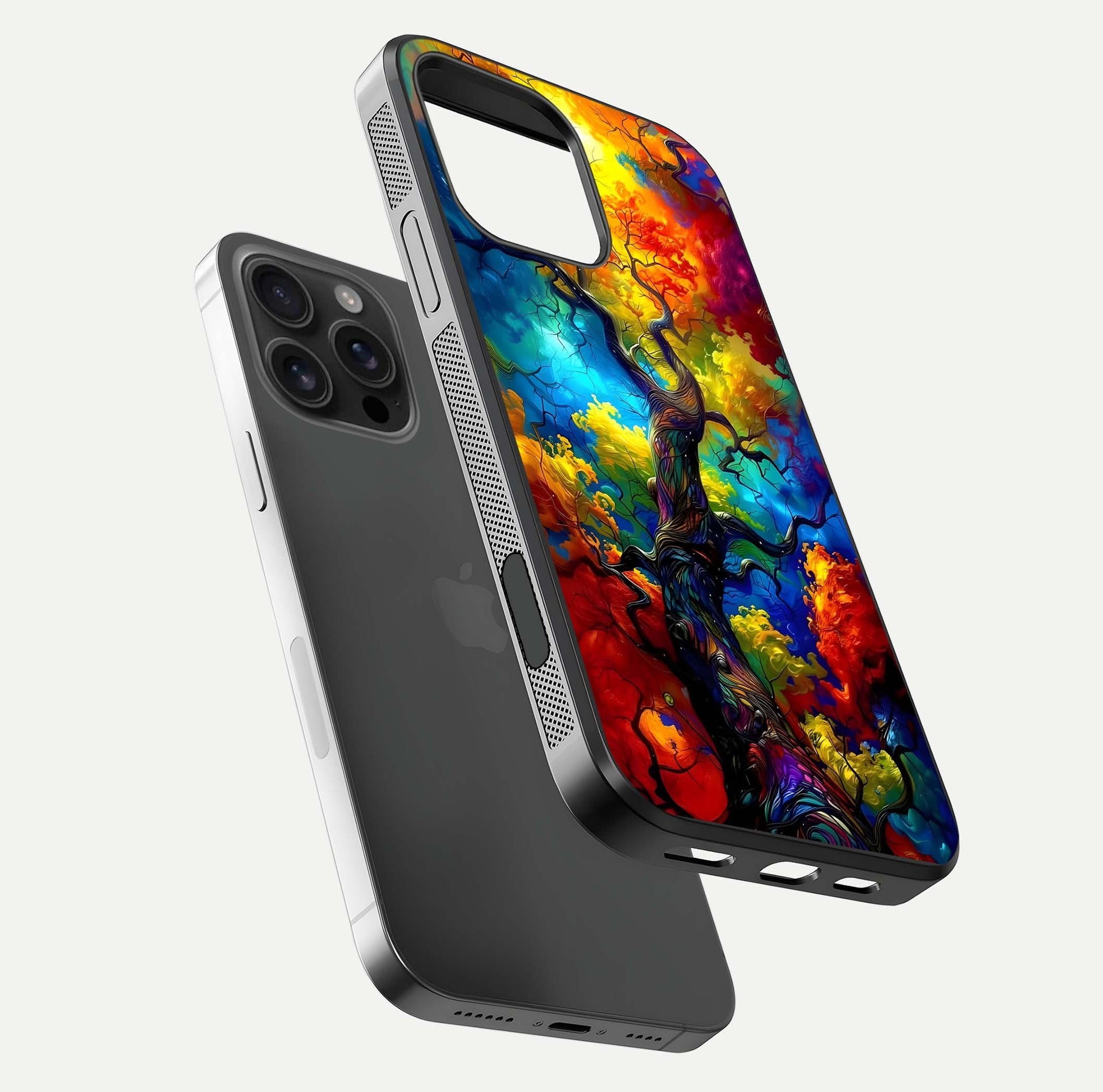 Colorful Tree Glass Case for iPhone 16 Pro Max floating mockup showing reflection gloss and vivid hues
