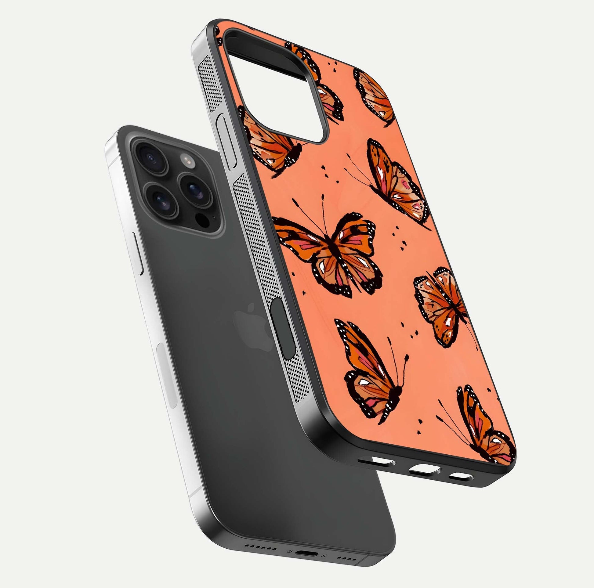 Coral Wing Butterfly Glass Case for iPhone 16 Pro Max floating mockup showing HD gloss texture and vivid coral color
