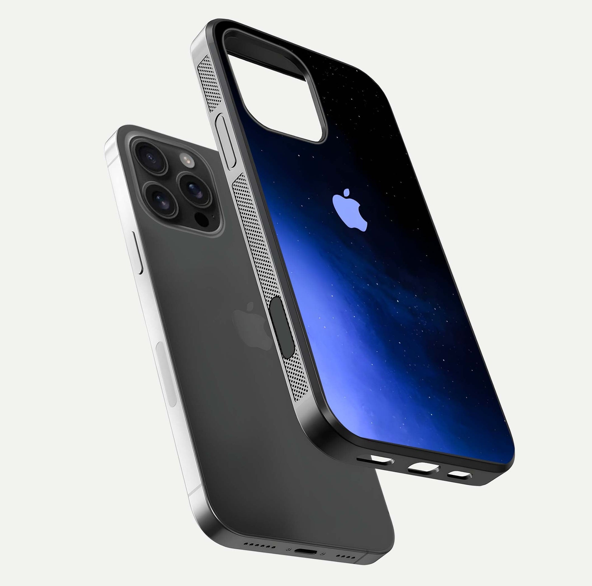 Cosmic Blue Apple Glass Case for iPhone 16 Pro Max floating mockup showing HD gloss and deep space gradient