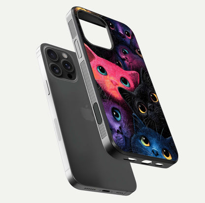 Cosmic Cats Dreams Glass Case for iPhone 16 Pro Max floating mockup showing star details and polish reflection