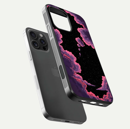 Cosmic Cloud Journey Glass Case for iPhone 16 Pro Max floating mockup showing HD gloss and cosmic gradient