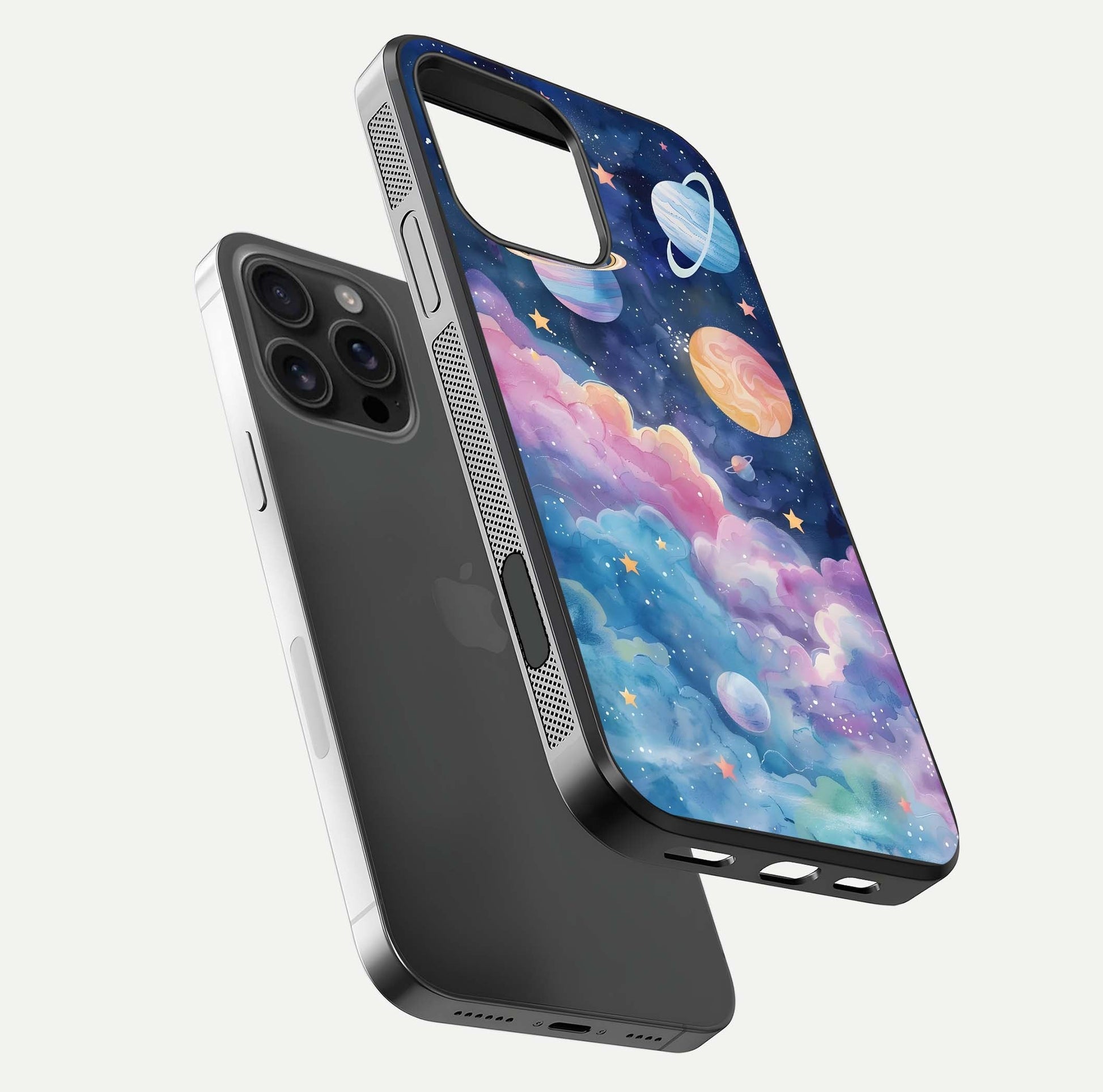 Cosmic Planet Dreams Glass Case for iPhone 16 Pro Max floating mockup showing HD gloss and cosmic reflection