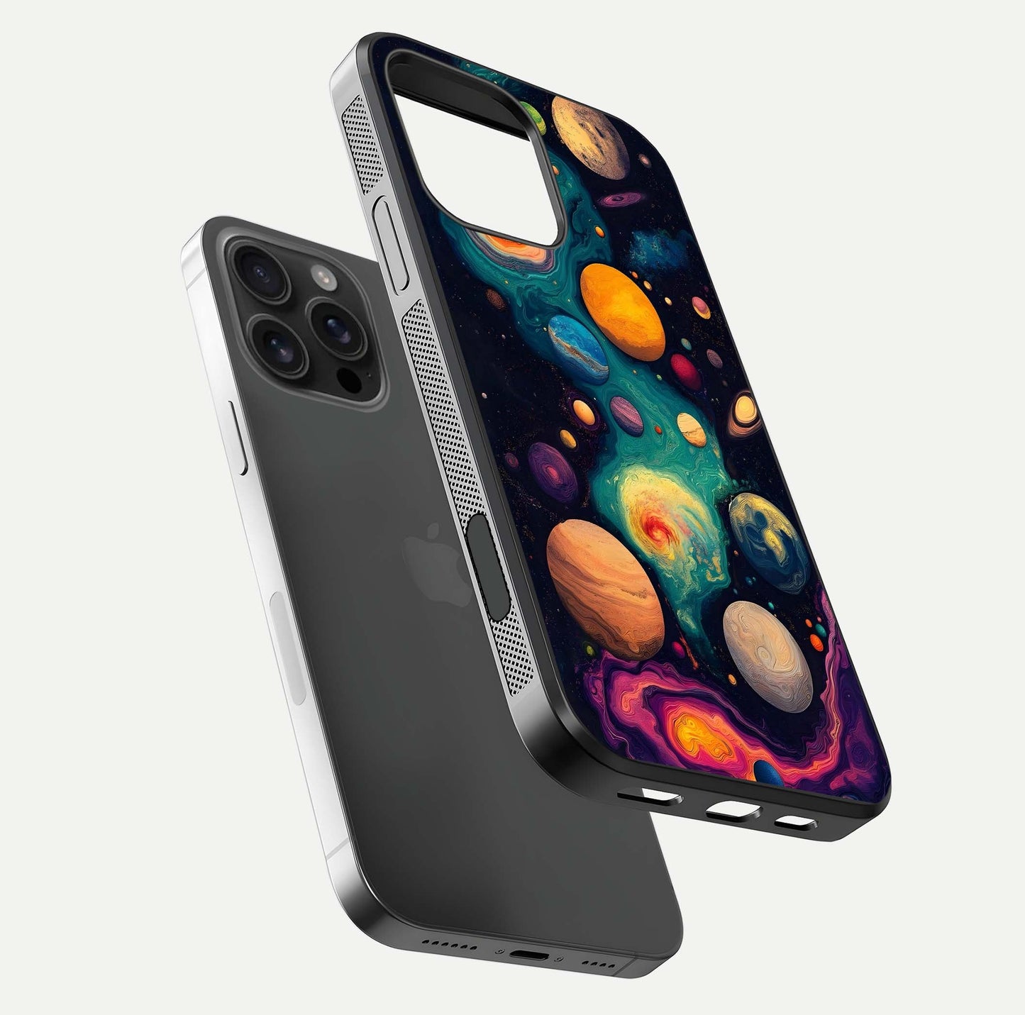 Cosmic Planet Journey Glass Case for iPhone 16 Pro Max floating mockup showing gloss gradient and deep shine