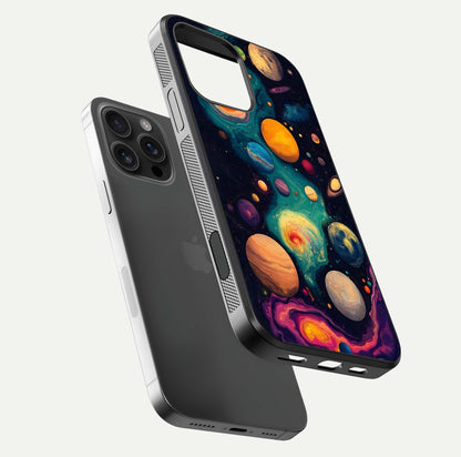 Cosmic Planet Journey Glass Case for iPhone 16 Pro Max floating mockup showing gloss gradient and deep shine