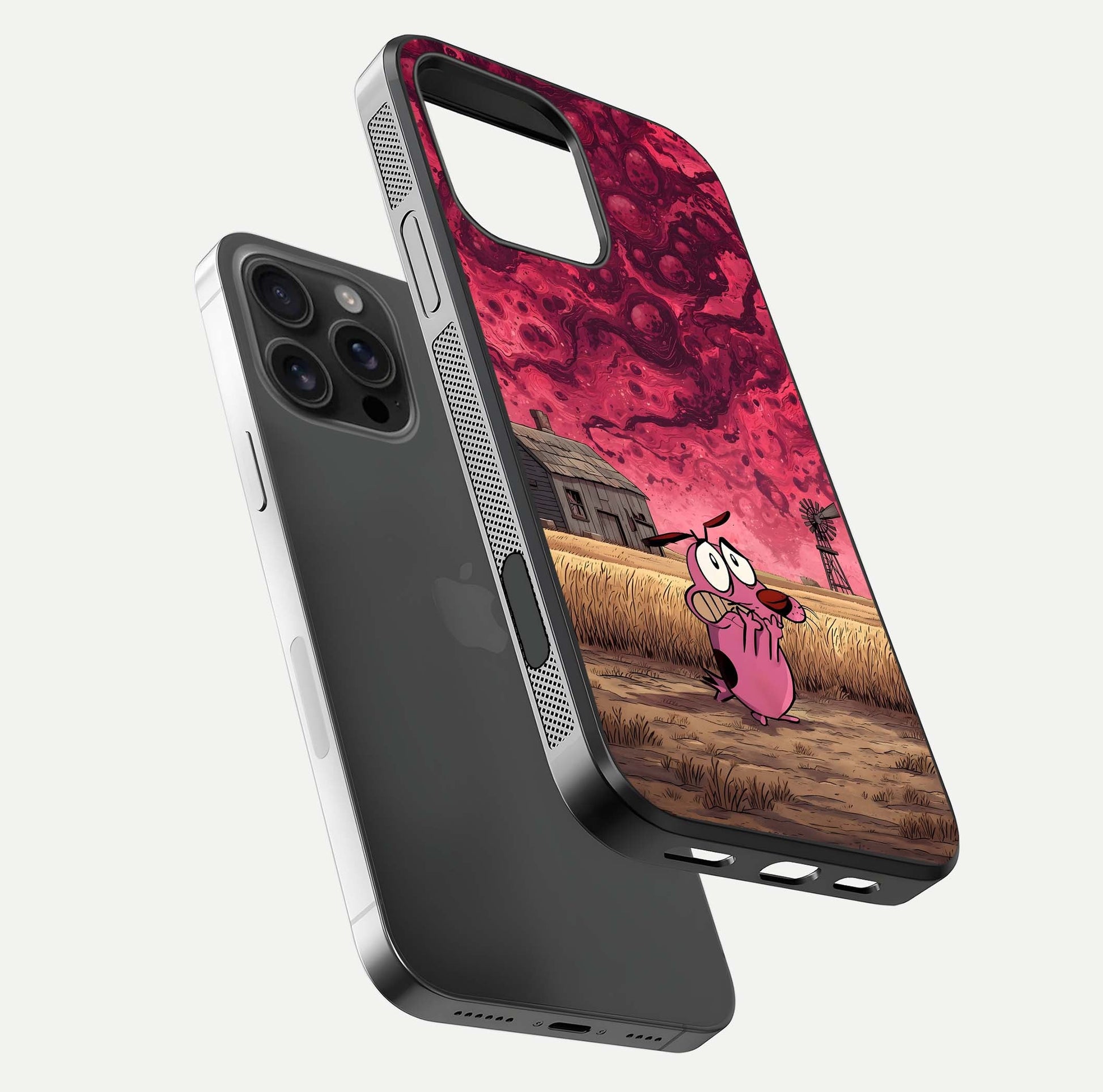 Courage Under Sky Glass Case for iPhone 16 Pro Max floating mockup showing shine reflection and clean edges