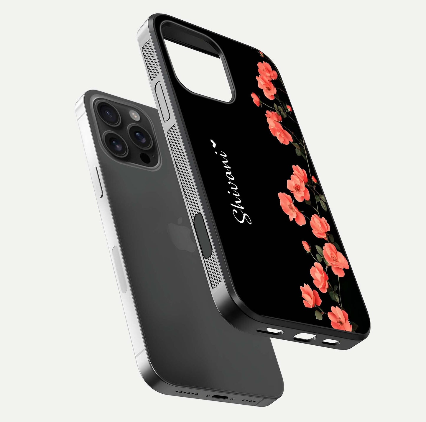 Crimson Bloom Grace Custom Name Glass Case for iPhone 16 Pro Max floating mockup showing HD gloss and floral tones